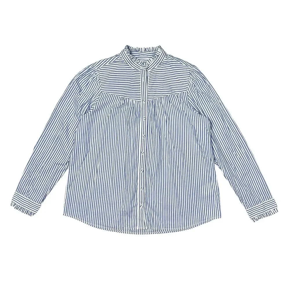 J. Crew | Women | Ruffle Trim Stripe Cotton Poplin LS Button Up Shirt | Large